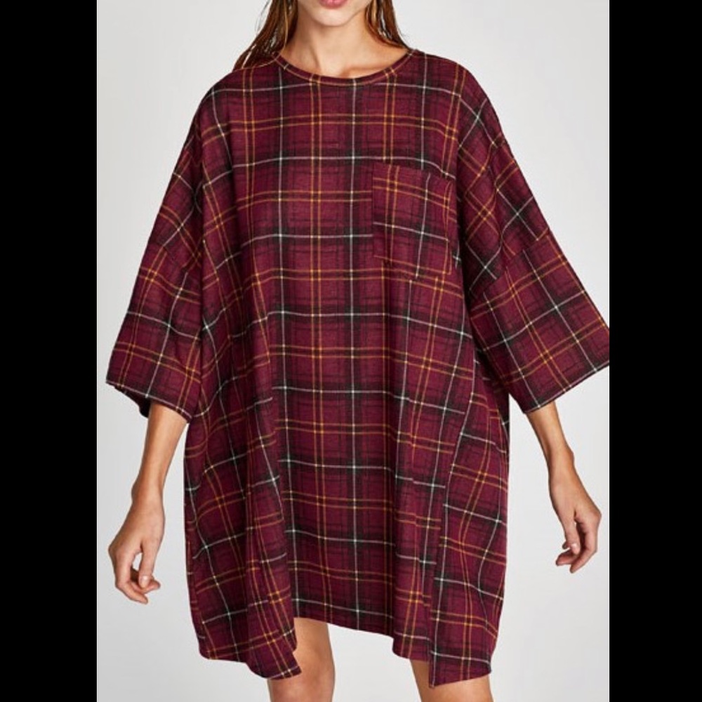 Zara Plaid Oversized T-Shirt Dress